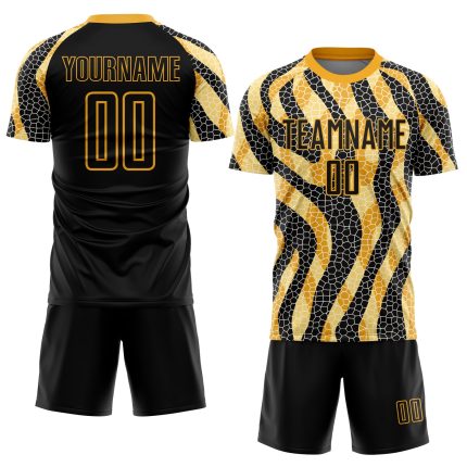 Custom Black Gold Animal Print Soccer Uniform Jersey for Kids and Adults Personalized Black Gold Animal Print Sublimation