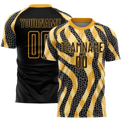 Custom Black Gold Animal Print Soccer Uniform Jersey for Kids and Adults Personalized Black Gold Animal Print Sublimation
