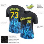 Custom Name Number Performance T-Shirt - Personalized Black Gold-Aqua 3D Flame Design Personalized Black Gold-Aqua 3D Pattern