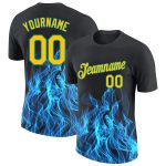 Custom Name Number Performance T-Shirt - Personalized Black Gold-Aqua 3D Flame Design Personalized Black Gold-Aqua 3D Pattern