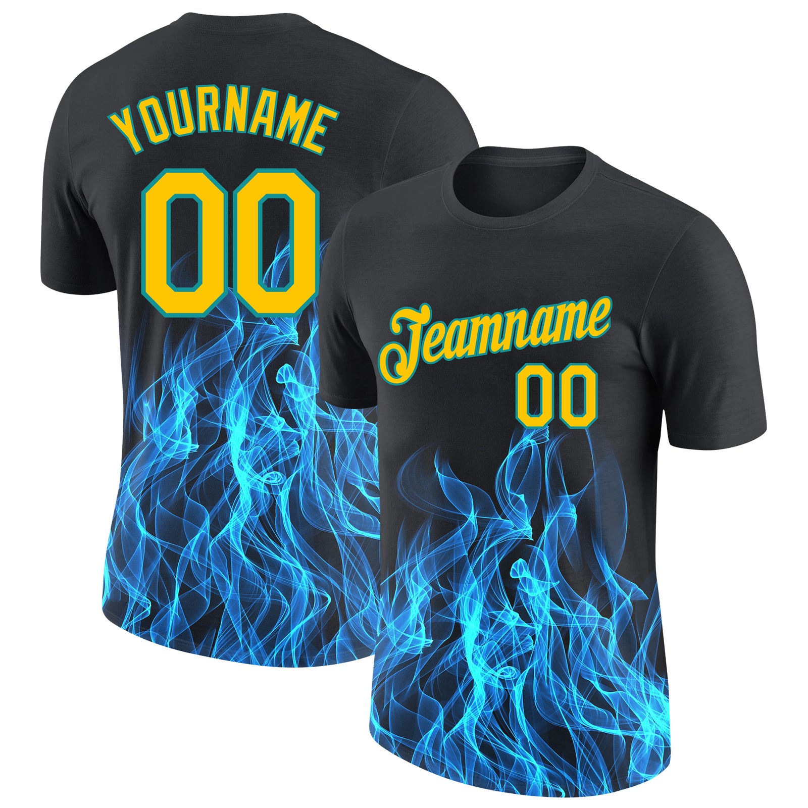 Custom Name Number Performance T-Shirt - Personalized Black Gold-Aqua 3D Flame Design Personalized Black Gold-Aqua 3D Pattern