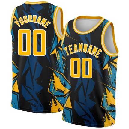 Custom Basketball Jersey - Personalized Black Gold-Blue 3D Geometric Pattern, Team Name & Number, Authentic Design 9176 Personalized