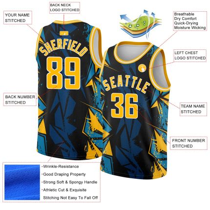 Custom Basketball Jersey - Personalized Black Gold-Blue 3D Geometric Pattern, Team Name & Number, Authentic Design 9176 Personalized