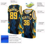 Custom Name and Number Basketball Jersey - Personalized Black and Gold 3D Geometric Pattern Design in Blue Personalized Black