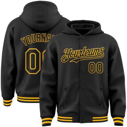 Custom Black Gold Varsity Bomber Hoodie Jacket with Name and Number - Personalized Full-Snap Letterman Style Personalized