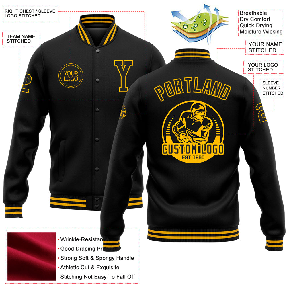 Personalized Black Gold Bomber Full-Snap Varsity Letterman Jacket 2 Personalized Black Gold Varsity Letterman Jacket Full-Snap Bomber 2 Personalized Black Gold Bomber Full-Snap Varsity Letterman - Image 5