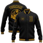 Personalized Black Gold Varsity Letterman Jacket Full-Snap Bomber 2 Personalized Black Gold Bomber Full-Snap Varsity Letterman