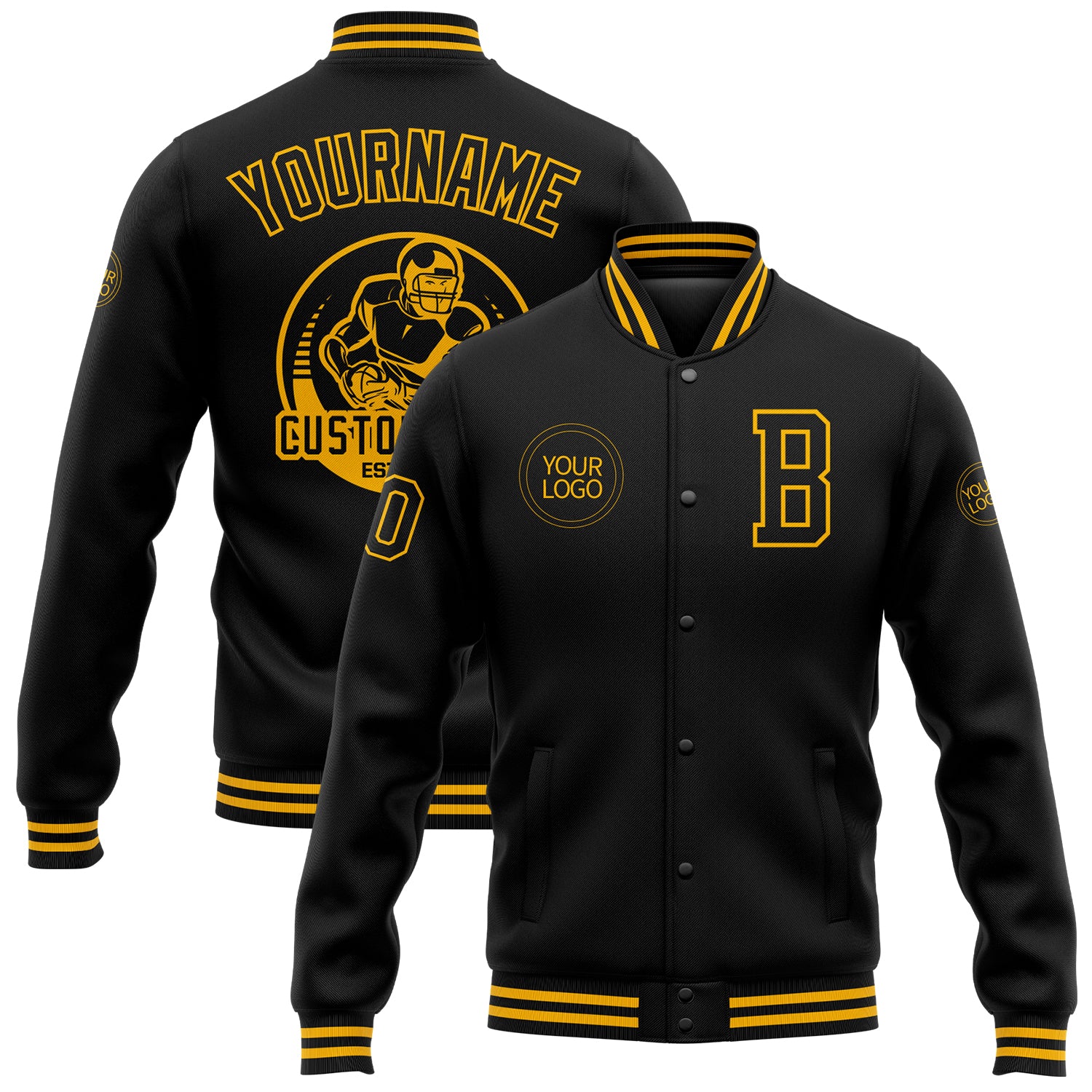 Personalized Black Gold Varsity Letterman Jacket Full-Snap Bomber 2 Personalized Black Gold Bomber Full-Snap Varsity Letterman