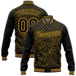 Personalized Black Gold Tiger 3D Varsity Letterman Jacket Full-Snap Bomber Personalized Black Gold Check And Tiger 3D Bomber