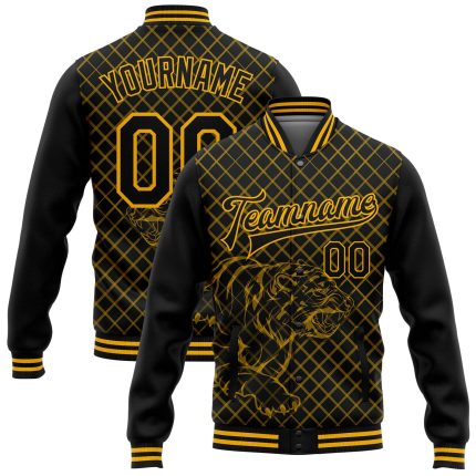 Personalized Black Gold Tiger 3D Varsity Letterman Jacket Full-Snap Bomber Personalized Black Gold Check And Tiger 3D Bomber