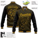 Personalized Black Gold Tiger 3D Varsity Letterman Jacket Full-Snap Bomber Personalized Black Gold Check And Tiger 3D Bomber
