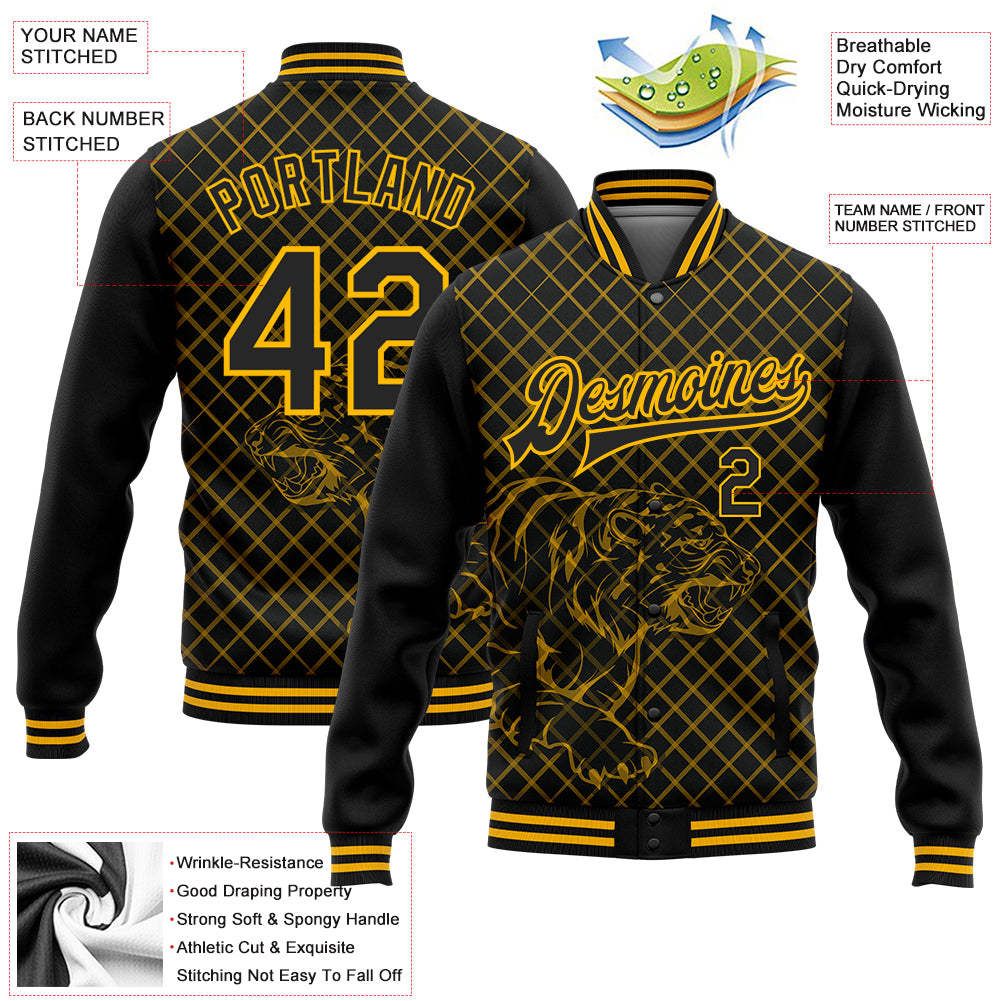 Personalized Black Gold Check And Tiger 3D Bomber Full-Snap Varsity Letterman Jacket Personalized Black Gold Tiger 3D Varsity Letterman Jacket Full-Snap Bomber Personalized Black Gold Check And Tiger 3D Bomber - Image 5