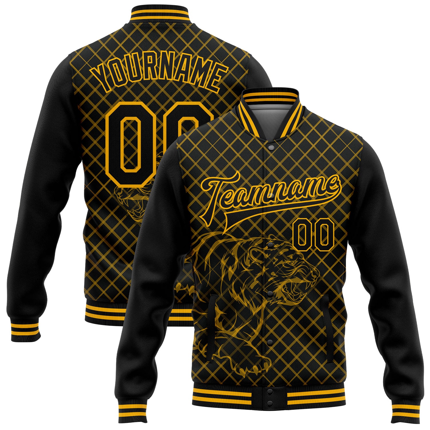 Custom Name Number Varsity Letterman Jacket with Black Gold Check Tiger 3D Pattern, Personalized Full-Snap Bomber Design