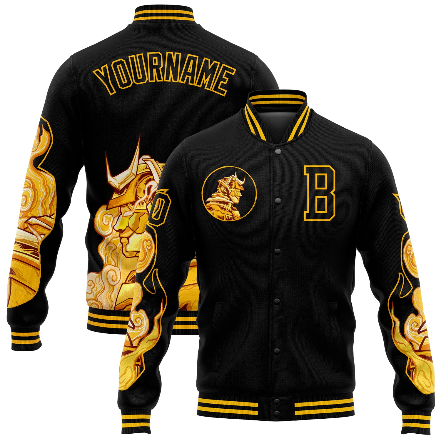 Personalized Samurai 3D Pattern Bomber Jacket with Custom Name & Number - Black Gold Varsity Letterman Full-Snap Design Personalized