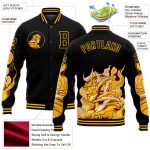 Personalized Samurai 3D Pattern Bomber Jacket with Custom Name & Number - Black Gold Varsity Letterman Full-Snap Design Personalized