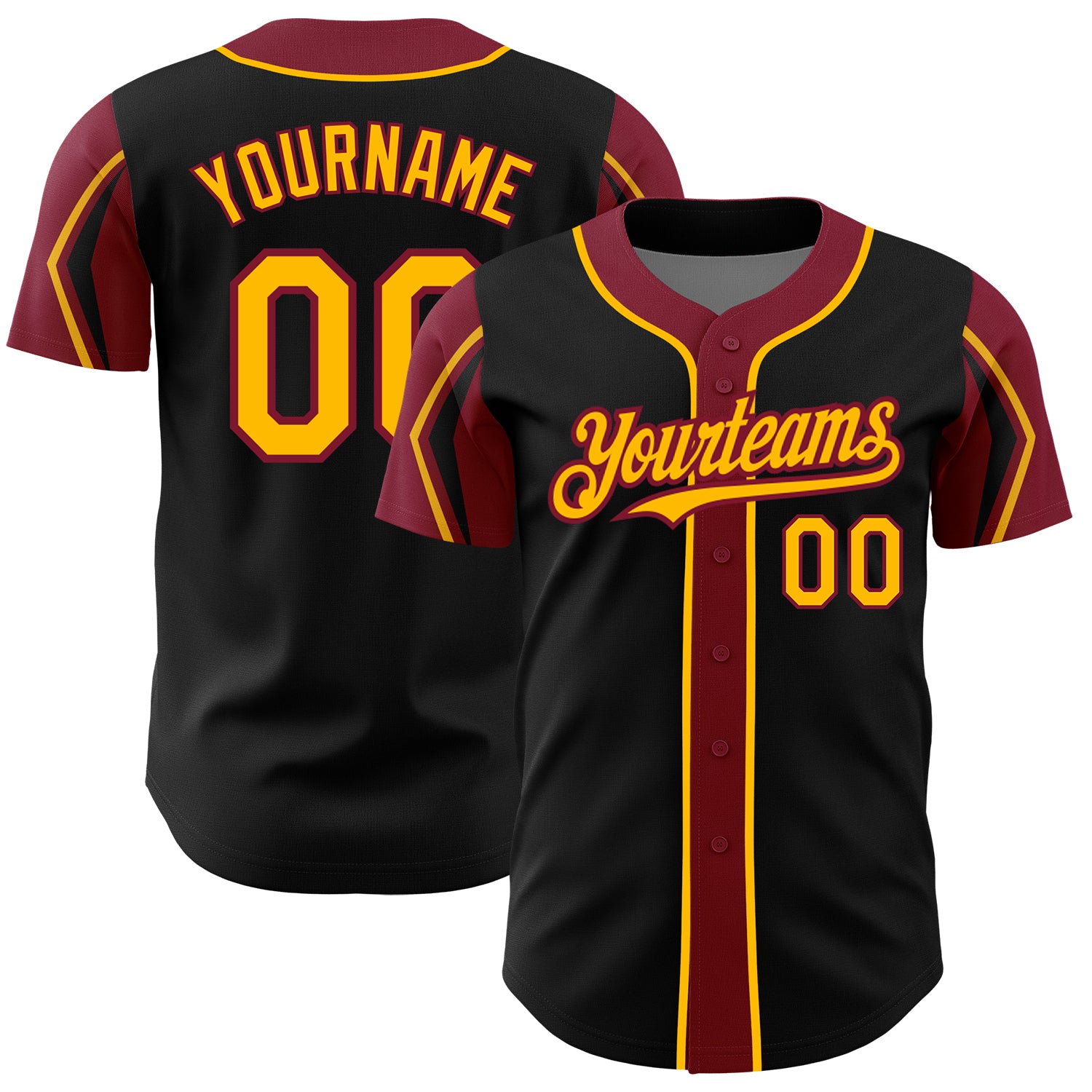 Custom Baseball Jersey with Personalized Team Name and Number in Black Gold-Crimson - 3 Colors and Arm Shapes Personalized
