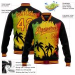 Custom Black Gold-Crimson Black History Month Jacket with 3D Hawaii Palm Trees Bomber Design - Full-Snap Varsity Letterman