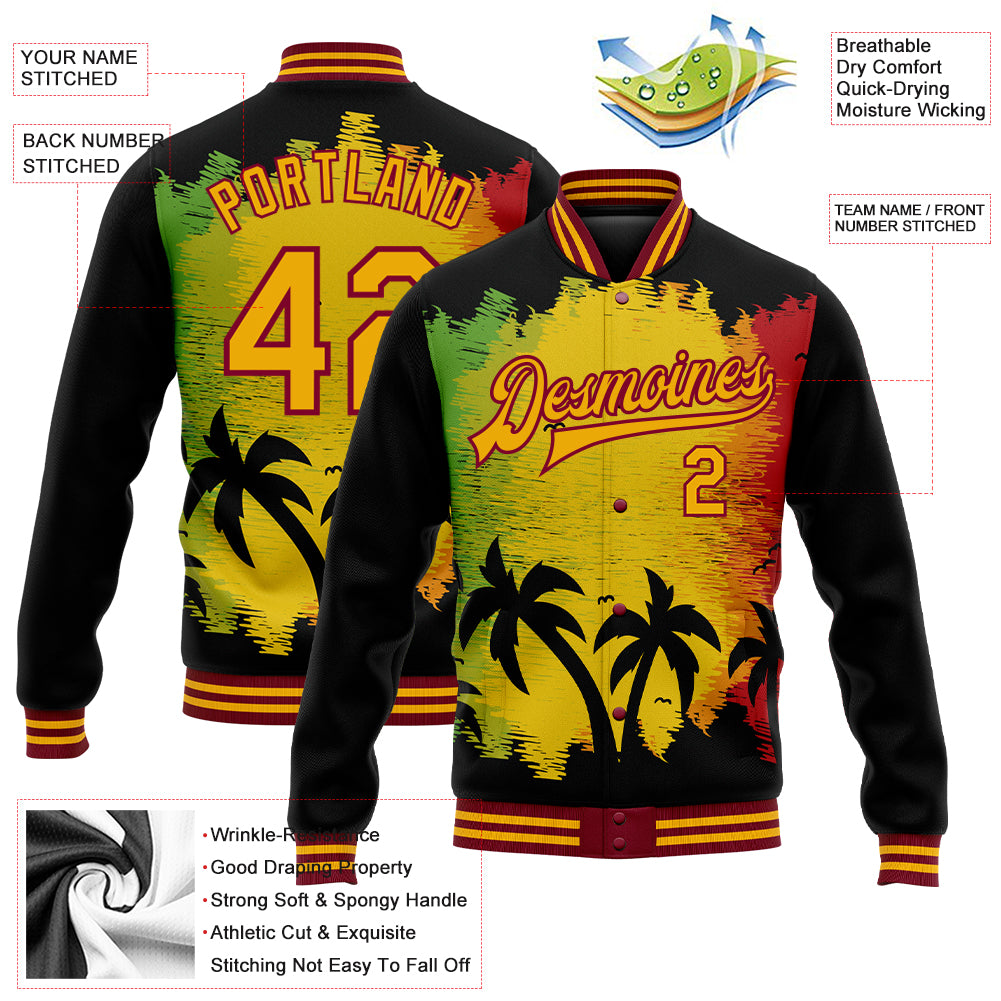 Personalized Black Gold-Crimson Black History Month Hawaii Palm Trees 3D Bomber Full-Snap Varsity Letterman Jacket Custom Black Gold-Crimson Black History Month Jacket with 3D Hawaii Palm Trees Bomber Design - Full-Snap Varsity Letterman - Image 5