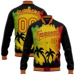 Custom Black Gold-Crimson Black History Month Jacket with 3D Hawaii Palm Trees Bomber Design - Full-Snap Varsity Letterman