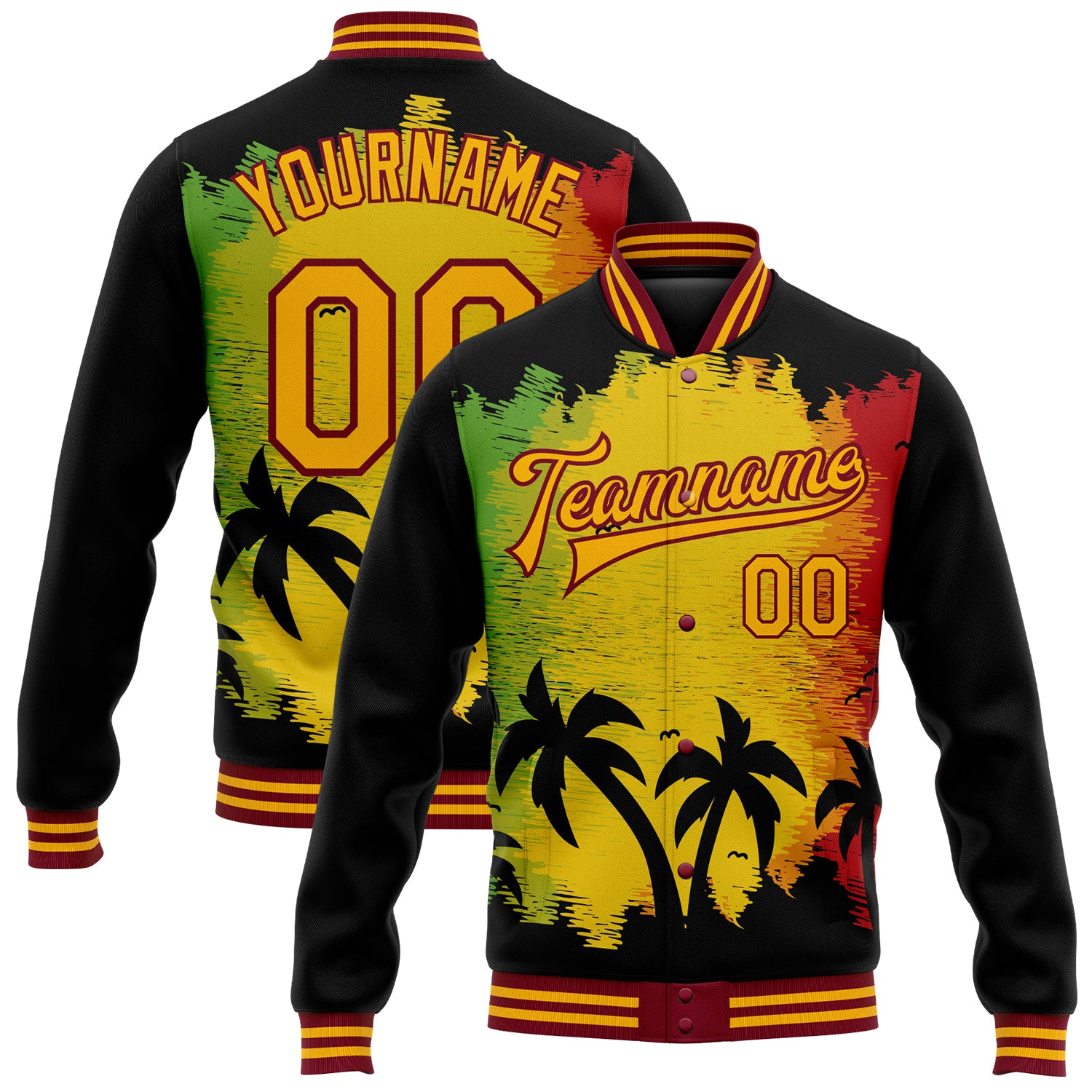 Personalized Black Gold Crimson Black History Month Bomber Jacket Custom Name Number 3D Palm Trees Varsity Full-Snap Design