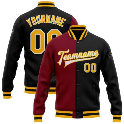 Personalized Gold Crimson Black Bomber Varsity Letterman Jacket Full-Snap Fashion Personalized Black Gold-Crimson Bomber