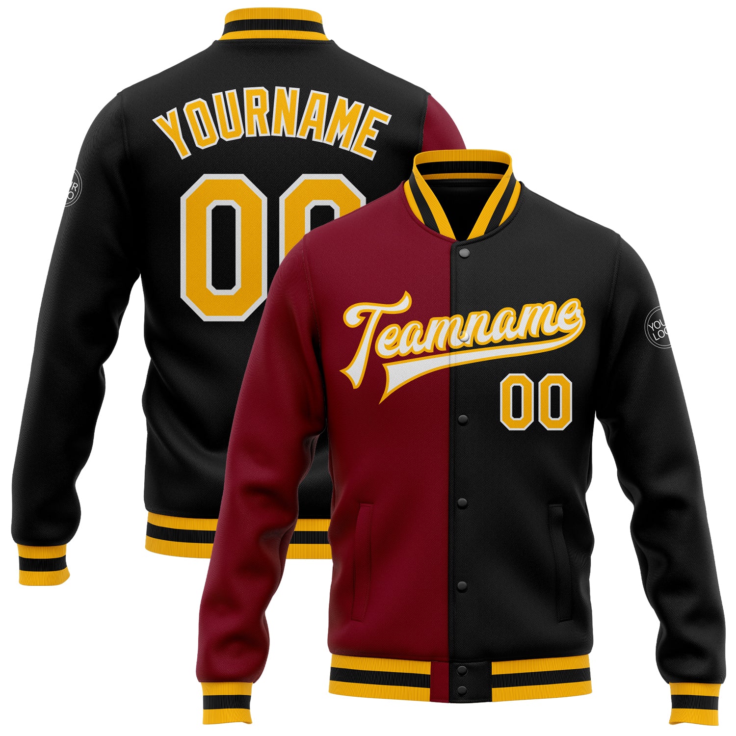Custom Name Number Black Gold Crimson Varsity Letterman Snap Bomber Jacket - Personalized Team Fashion Jacket Personalized