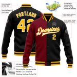Custom Name Number Black Gold Crimson Varsity Letterman Snap Bomber Jacket - Personalized Team Fashion Jacket Personalized