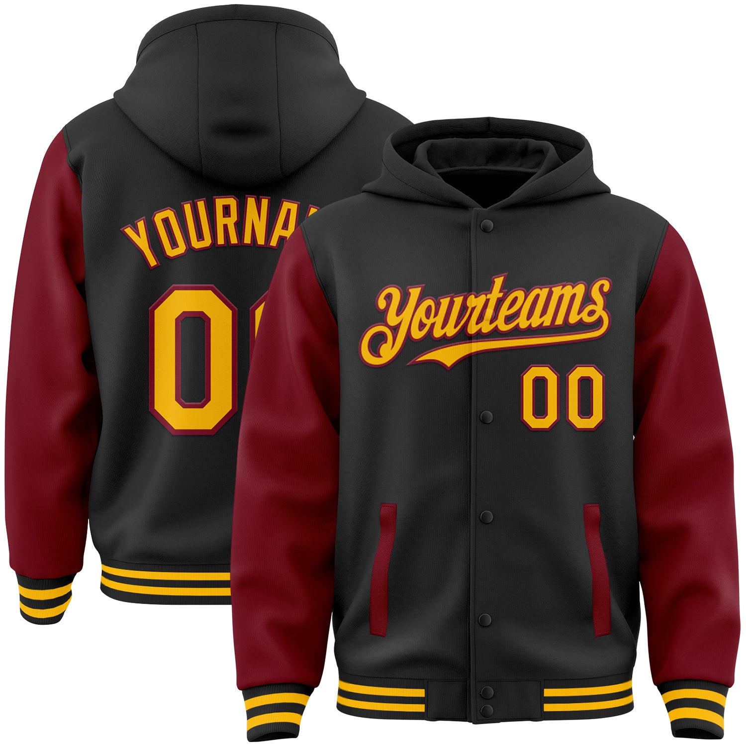 Custom Name Number Black Gold-Crimson Varsity Letterman Bomber Hoodie Jacket - Personalized Two Tone Design Personalized