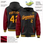 Custom Name Number Black Gold-Crimson Varsity Letterman Bomber Hoodie Jacket - Personalized Two Tone Design Personalized