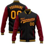 Personalized Black Crimson Gold Varsity Letterman Bomber Jacket Full-Snap Two Tone Personalized Black Gold-Crimson Bomber