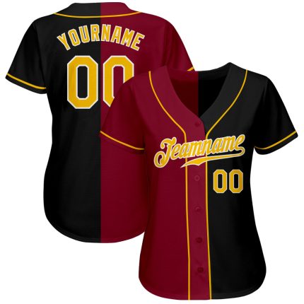 Custom Black Gold and Crimson Fashion Baseball Jersey for Men and Women Personalized Black Gold-Crimson Split Fashion Baseball