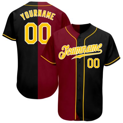 Custom Black Gold and Crimson Fashion Baseball Jersey for Men and Women Personalized Black Gold-Crimson Split Fashion Baseball