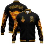 Personalized 3D Bomber Jacket Black Gold Fire Phoenix Varsity Letterman Full-Snap Personalized Black Gold Fire Phoenix 3D