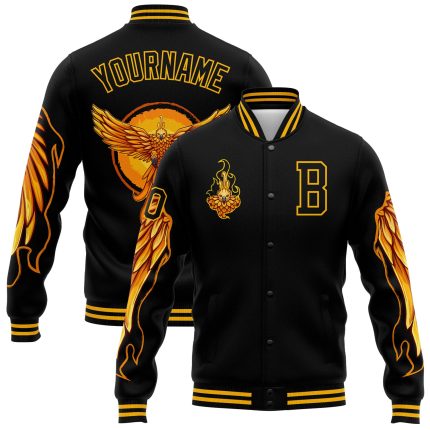 Personalized 3D Bomber Jacket Black Gold Fire Phoenix Varsity Letterman Full-Snap Personalized Black Gold Fire Phoenix 3D