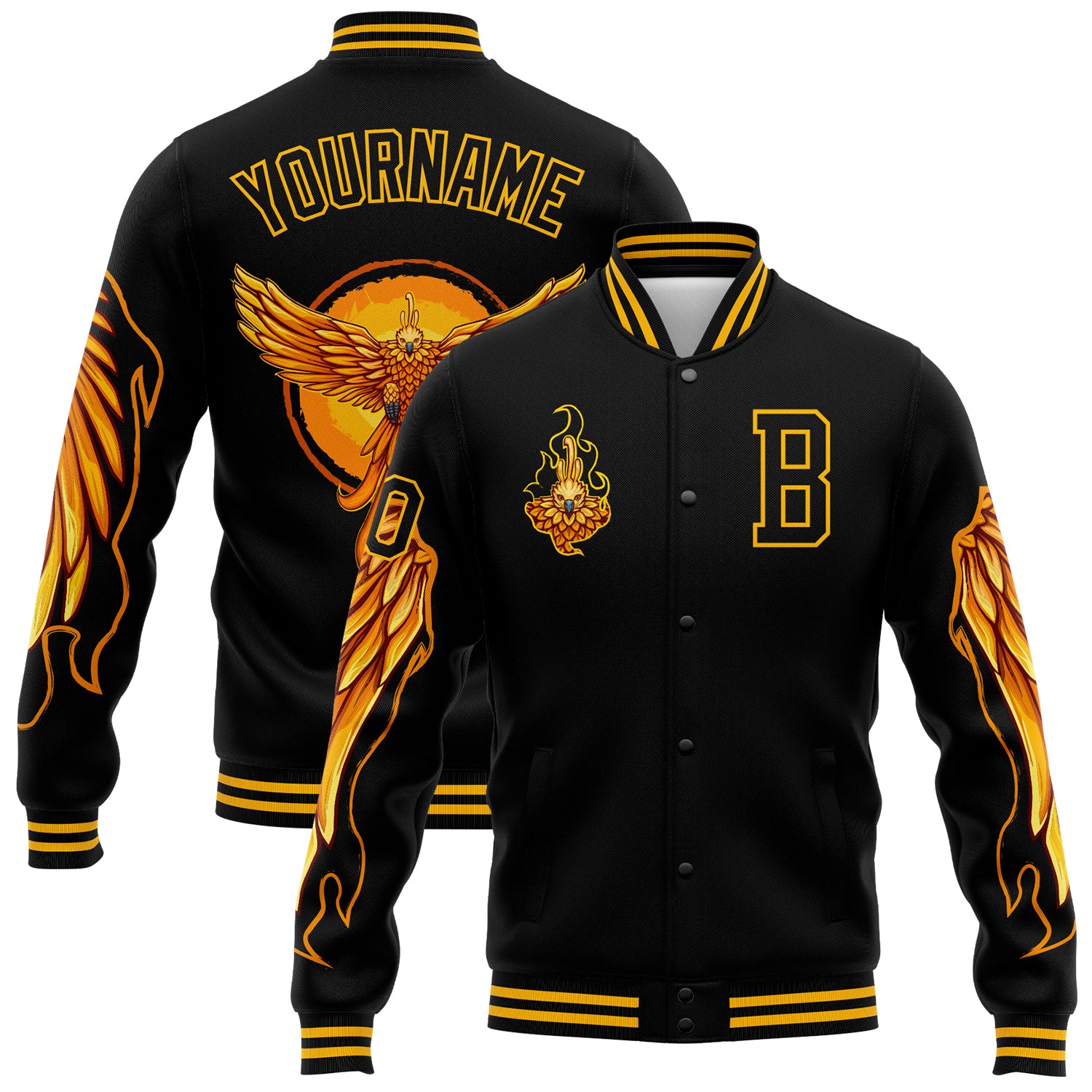 Personalized 3D Bomber Jacket Black Gold Fire Phoenix Varsity Letterman Full-Snap Personalized Black Gold Fire Phoenix 3D