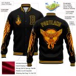 Personalized 3D Bomber Jacket Black Gold Fire Phoenix Varsity Letterman Full-Snap Personalized Black Gold Fire Phoenix 3D