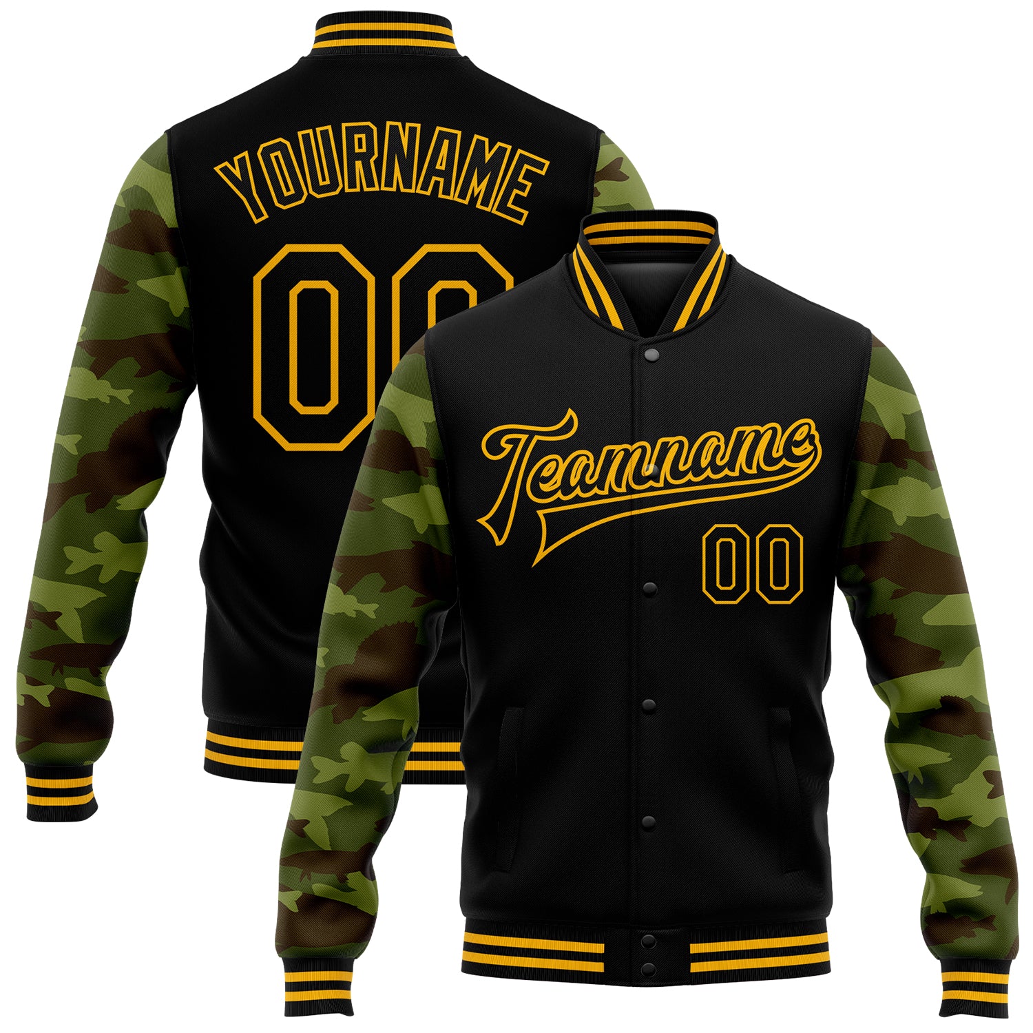 Personalized Black Gold Camo Sleeves 3D Bomber Varsity Jacket Full-Snap Letterman Personalized Black Gold Fish Camo Sleeves
