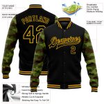 Custom Name Number Varsity Letterman Jacket Personalized Black Gold Camo 3D Pattern Design Bomber Sleeves Personalized Black