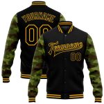 Custom Name Number Varsity Letterman Jacket Personalized Black Gold Camo 3D Pattern Design Bomber Sleeves Personalized Black