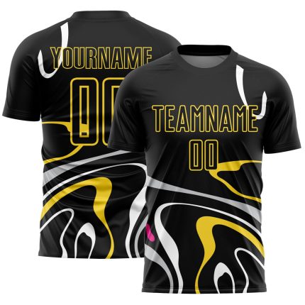 Custom Sublimation Soccer Uniform Jersey with Personalized Black Gold Fluid Shapes, Name & Number Personalized Black Gold