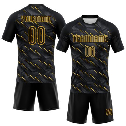 Custom Black Gold Geometric Volleyball Jersey Uniform - Sublimation Design Personalized Black Gold Geometric Shape Sublimation