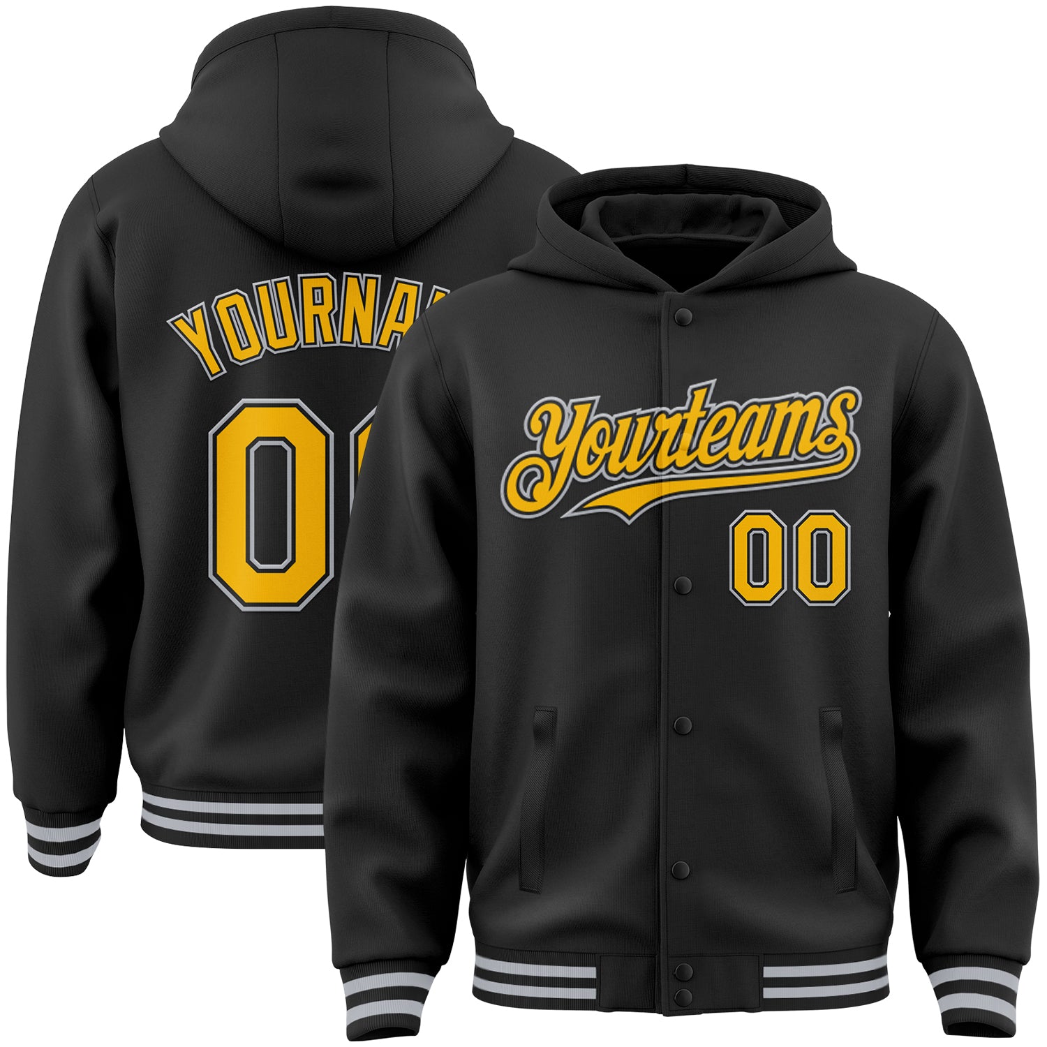 Custom Personalized Varsity Letterman Hoodie Jacket Black Gold-Gray Bomber with Team Name and Number Personalized Black Gold-Gray