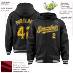 Custom Personalized Varsity Letterman Hoodie Jacket Black Gold-Gray Bomber with Team Name and Number Personalized Black Gold-Gray