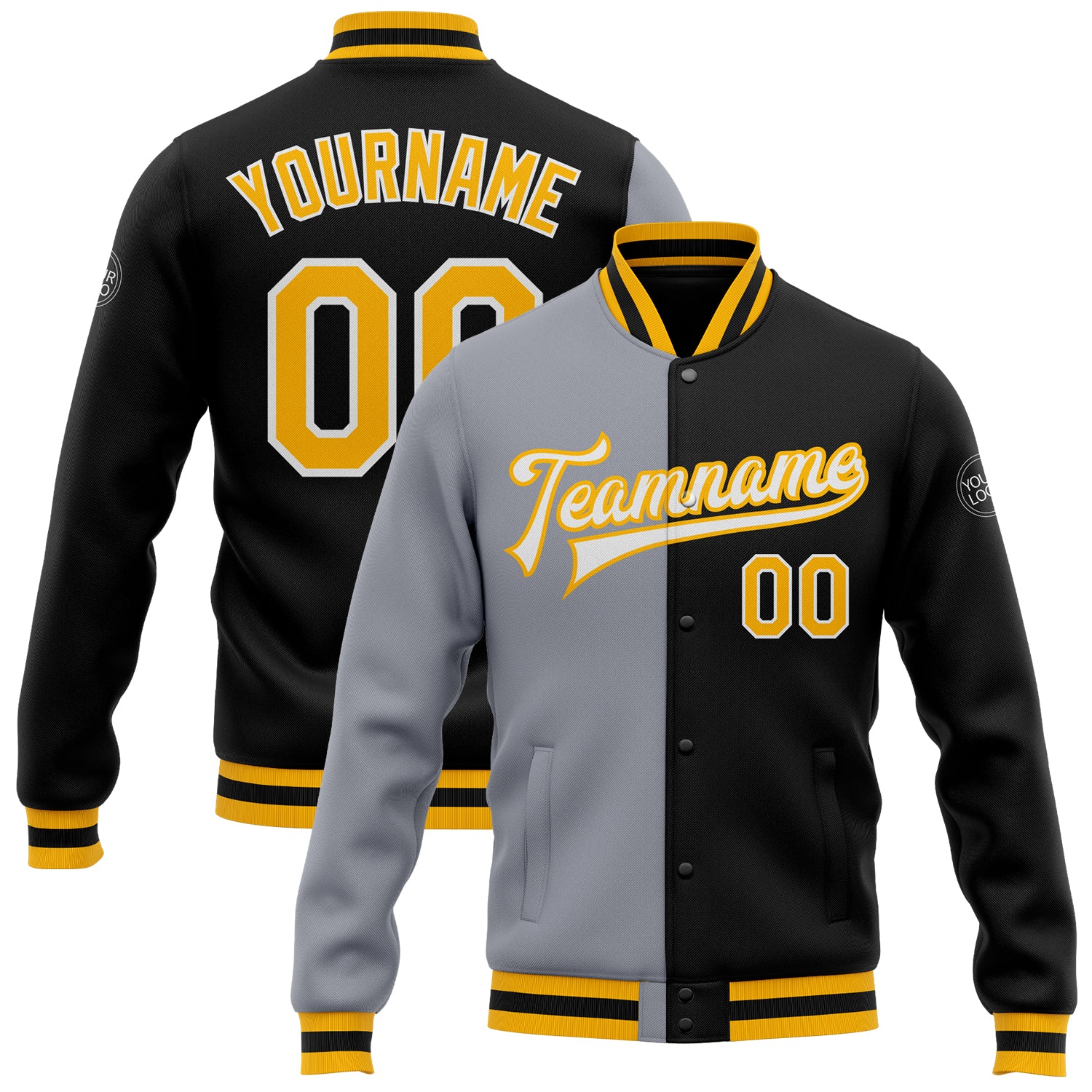 Custom Name and Number Black Gold-Gray Bomber Varsity Letterman Jacket - Personalized Split Fashion Outerwear Personalized