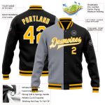 Personalized Varsity Bomber Jacket Black Gold-Gray Full-Snap Fashion Letterman Personalized Black Gold-Gray Bomber Full-Snap