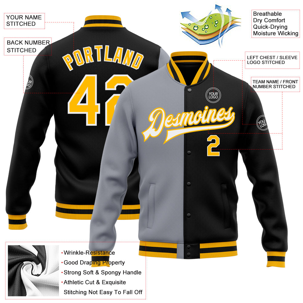 Personalized Black Gold-Gray Bomber Full-Snap Varsity Letterman Split Fashion Jacket Personalized Varsity Bomber Jacket Black Gold-Gray Full-Snap Fashion Letterman Personalized Black Gold-Gray Bomber Full-Snap - Image 5