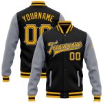 Personalized Two-Tone Black Gold-Gray Varsity Letterman Bomber Jacket Full-Snap Personalized Black Gold-Gray Bomber Full-Snap