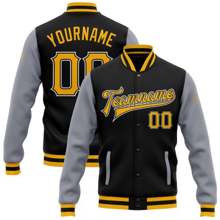 Personalized Two-Tone Black Gold-Gray Varsity Letterman Bomber Jacket Full-Snap Personalized Black Gold-Gray Bomber Full-Snap