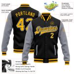 Personalized Two-Tone Black Gold-Gray Varsity Letterman Bomber Jacket Full-Snap Personalized Black Gold-Gray Bomber Full-Snap