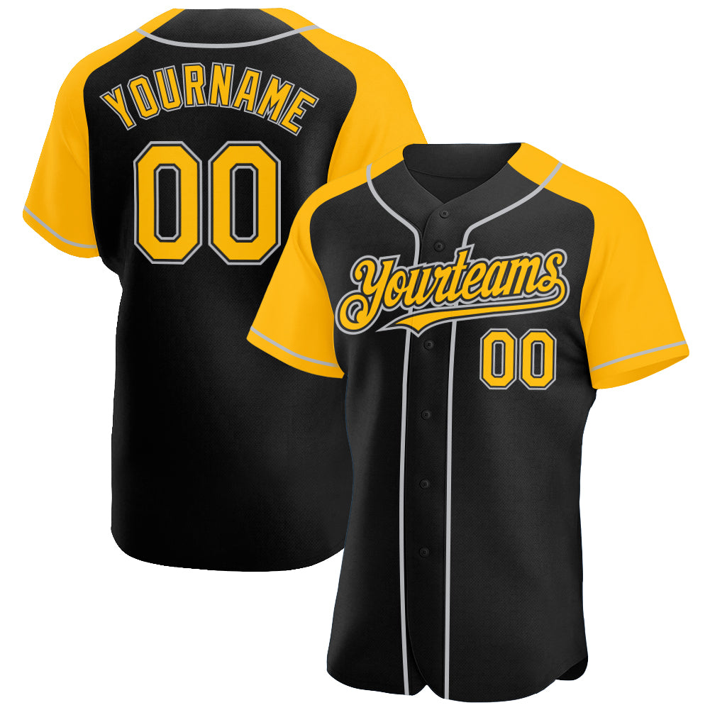 Personalized Black Gray Gold Raglan Baseball Jersey - Custom Sports Apparel Personalized Black Gold-Gray Raglan Sleeves Baseball